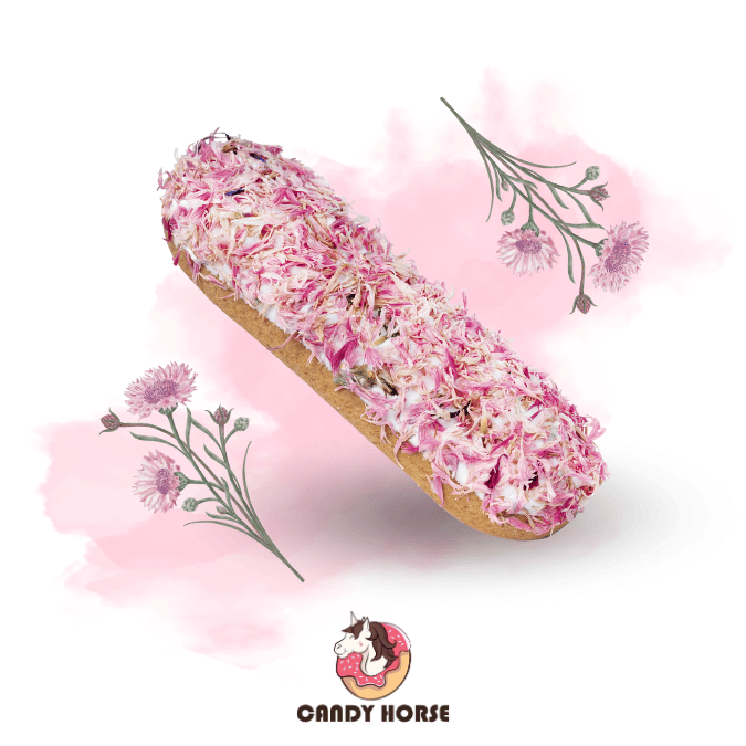 Pink cornflower eclair I Horse cookie with icing and herbs