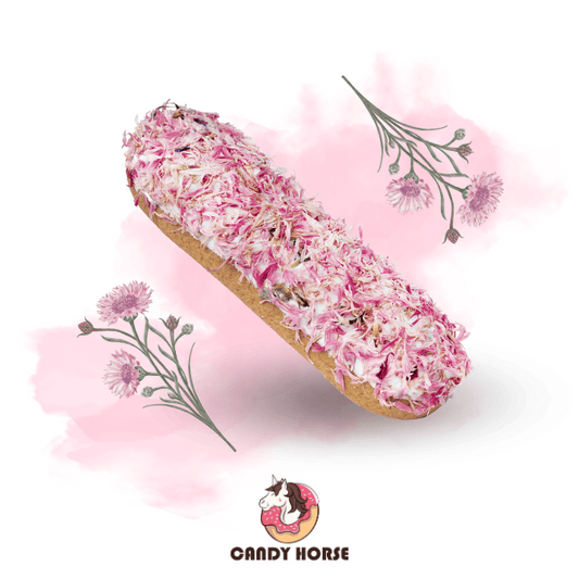 Pink cornflower eclair I Horse cookie with icing and herbs